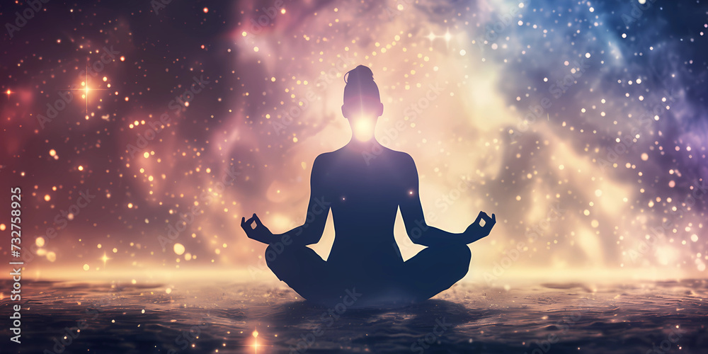 Silhouette of person meditating with a space sky background Silhouette of person meditating with a space sky background