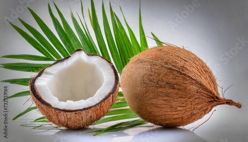 coconut with leaf on white background