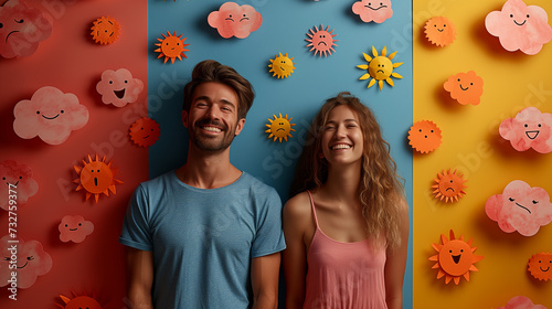 A man and a woman are standing in front of a wall decorated with paper clouds and suns