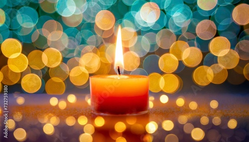 candle flame light at night with abstract circular bokeh background christmas lights