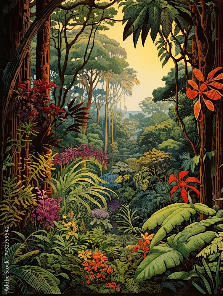 Fototapeta premium Vintage Tropical Print: Rainforest Canopies Art - Jungle Scenic