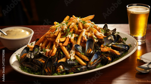 A platter of moules frites, Belgian-style mussels served with crispy golden fries and a side of tangy aioli. 