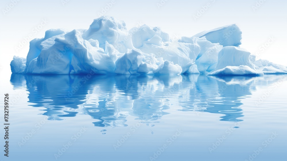 An expansive view of a serene, icy blue iceberg reflected in the calm waters, under a clear blue sky