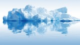 An expansive view of a serene, icy blue iceberg reflected in the calm waters, under a clear blue sky