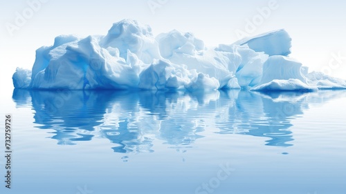 An expansive view of a serene, icy blue iceberg reflected in the calm waters, under a clear blue sky © Artyom