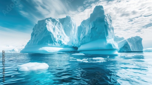 Majestic iceberg floating in the ocean with bright blue hues and a clear sky, symbolizing natural grandeur and climate