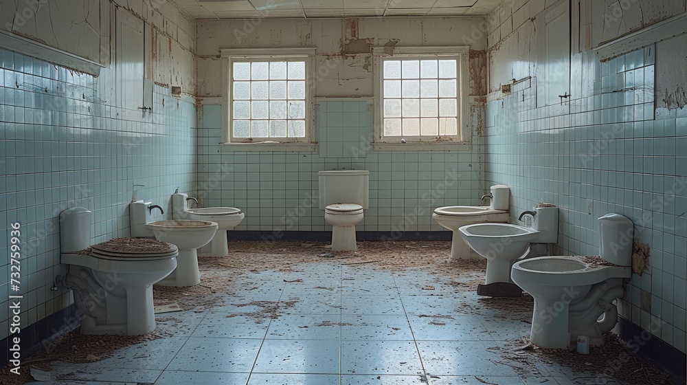 A large bathroom in and abandoned school. Generative AI. A large bathroom in and abandoned school. Generative AI.