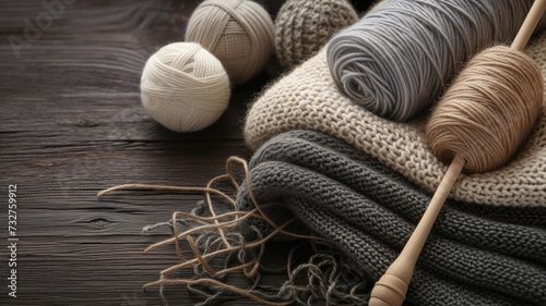 Cozy knitting materials with wool yarn balls and knitted fabric on a wooden surface, suggesting a warm, handcrafted activity photo