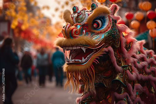 Chinese traditional colorful lion dance show in China town.New Year festival, year of the dragon. Holiday and celebration concept