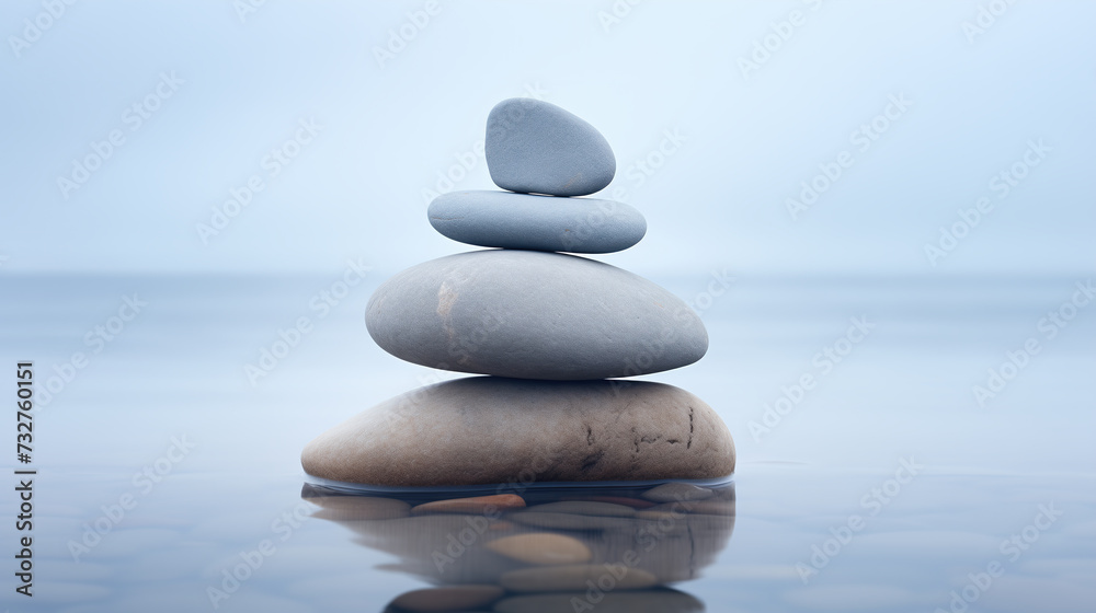 Stack of smooth pebbles in shallow water on the seaside, pebble cairn. Stone stack in a calm misty ocean. Peaceful meditative mood. Beautiful, quiet seascape.