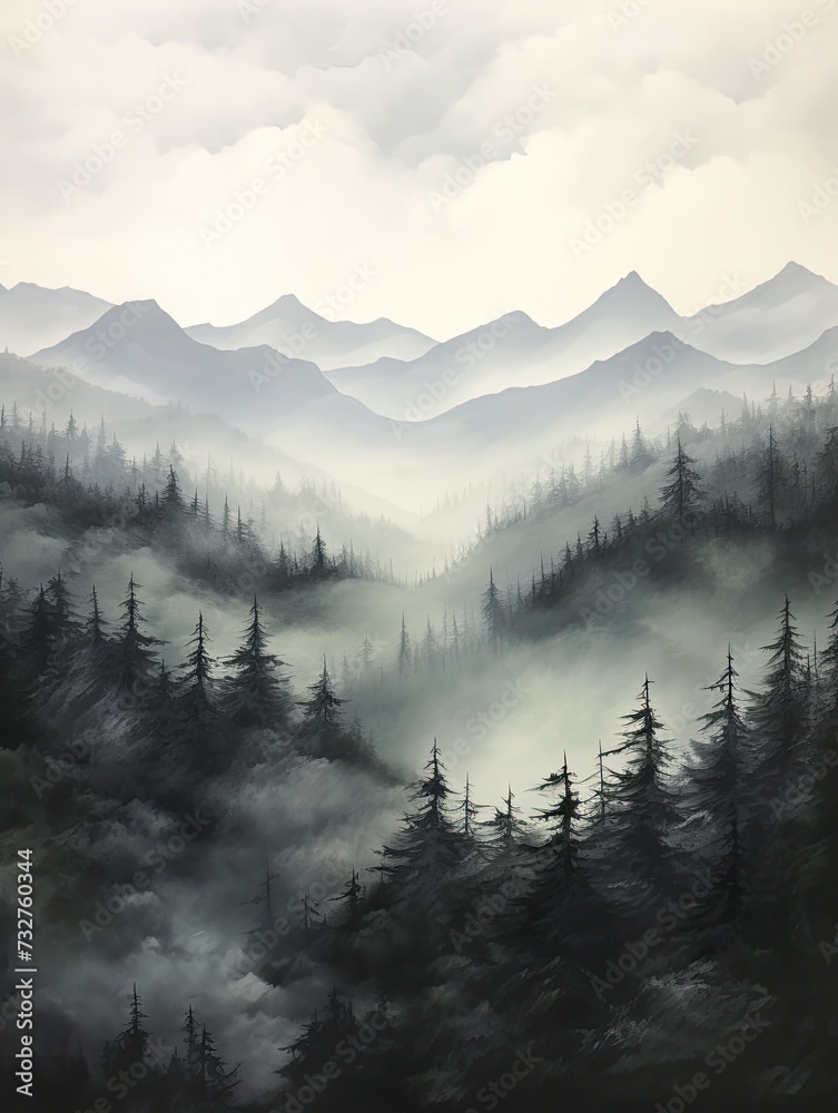 Misty-Enveloped Mountain Peaks: Rolling Hills Art - A Foggy Landscape with Nature's Tranquility