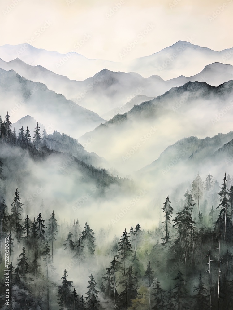 Mystical Whispers: Rolling Hills Art with Mist-Enveloped Mountain Peaks