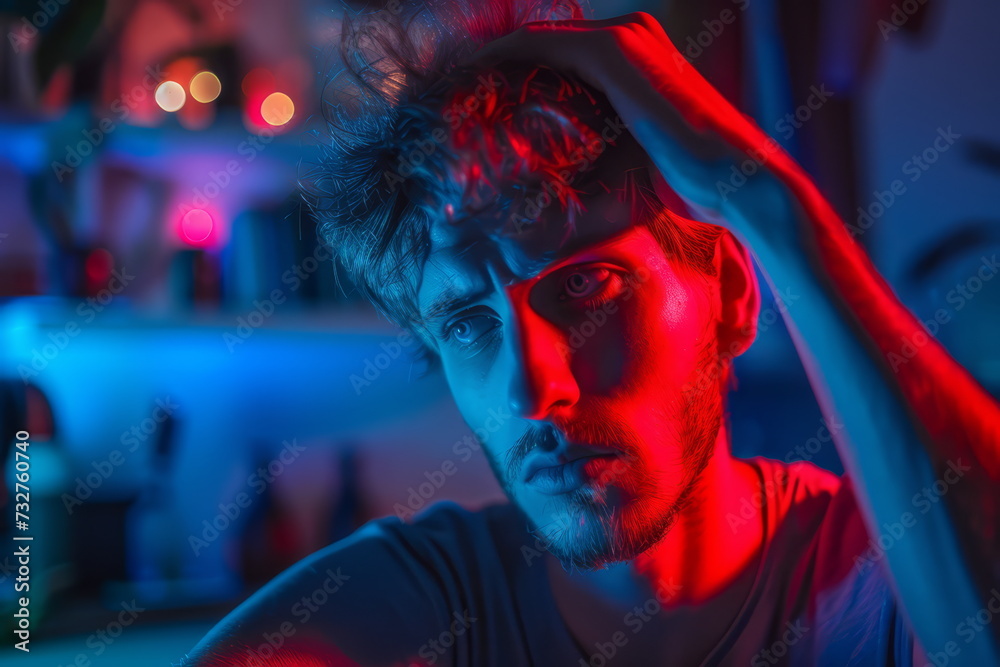 Bipolar disorder is depicted in this portrait through the interplay of red and blue lights, symbolizing the emotional highs and lows experienced by individuals with the condition. Bipolar disorder is depicted in this portrait through the interplay of red and blue lights, symbolizing the emotional highs and lows experienced by individuals with the condition.
