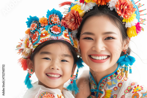 Cheerful mother and young daughter smiling in vibrant traditional floral headgear and embroidery.
