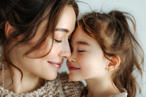 Close-up of a loving mother and daughter enjoying a peaceful and affectionate moment together.