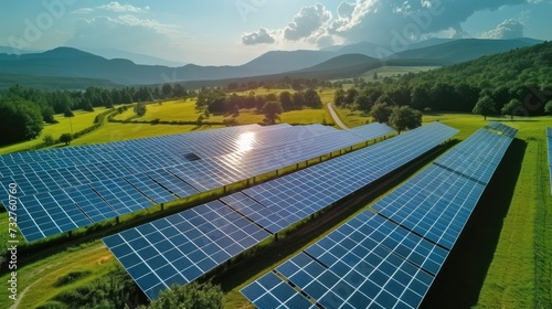 A solar park in the beautiful countryside on a sunny day. Generative AI. photo