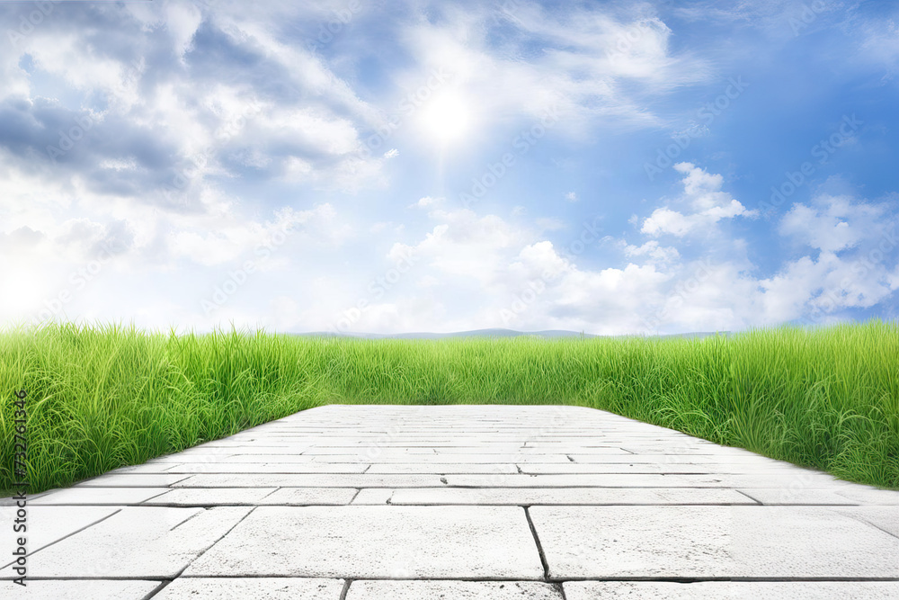 view of grass with concrete floor and background for display, promotion, display banner advertising design, place for product. view of grass with concrete floor and background for display, promotion, display banner advertising design, place for product.