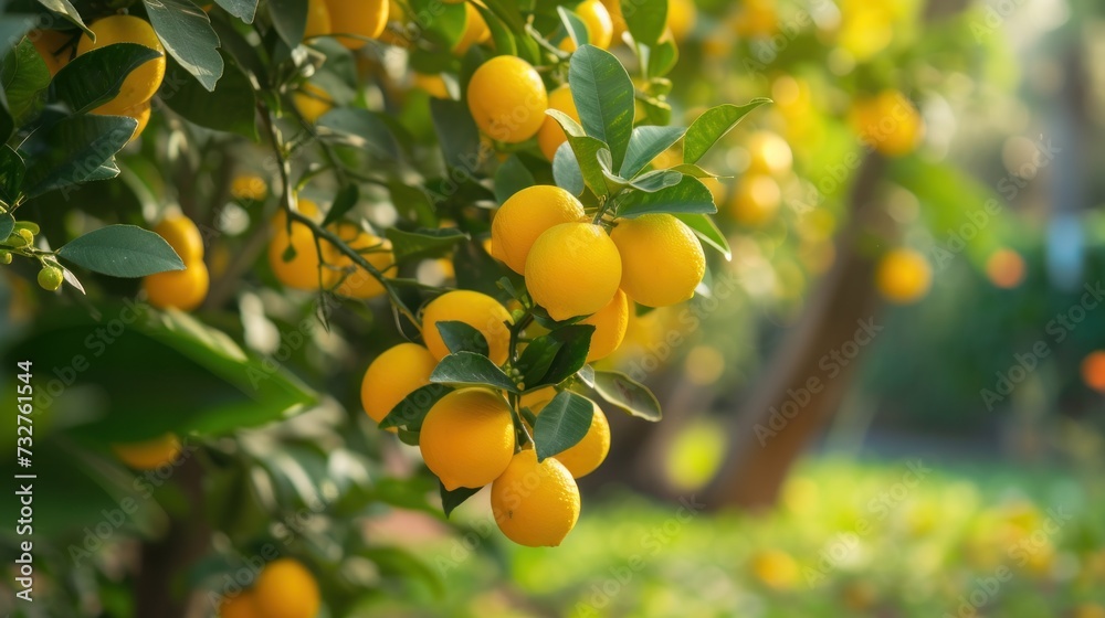 Lemon tree with fresh lemons on a branch banner with copy space