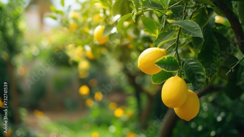 Ripe and fresh lemons on a branch in a garden banner with copy space