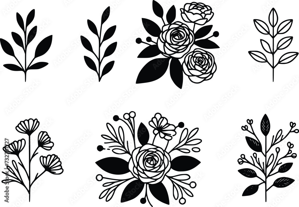 set of roses flowers and leaves, black and white vector illustration
