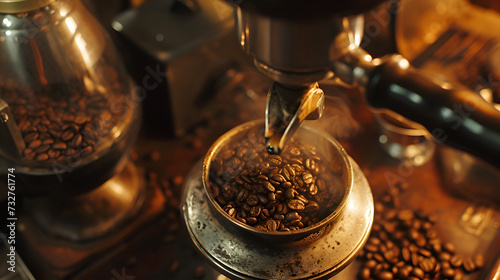 The coffee making process - close-up of a portafilter from an espresso machine filled with glistening, freshly ground coffee beans. Deep browns and golden hues, aromatic allure. Generative AI
