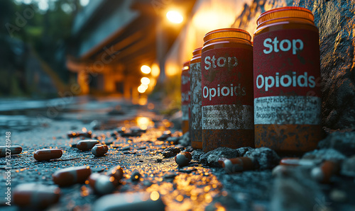 Vivid Conceptual Image of Stop Opioids Message on Pill Bottles Amidst Scattered Capsules on Pavement, Highlighting Drug Abuse Problem