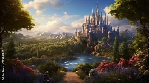 Enchanted fairytale castle in magical landscape with blossoms. Fantasy world illustration.