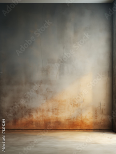Interior of an empty room with grungy concrete wall and floor. Light coming through the window. Rusty, cracked texture of old concrete surface. Architectural background. Copy space.