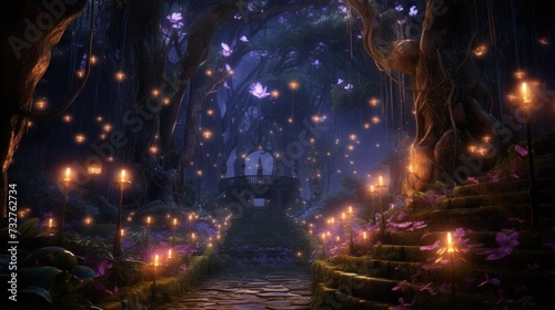 Enchanted forest pathway with mystical lights and gazebo. Fantasy setting.