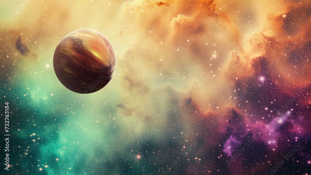 Mystical space scene with a floating planet and colorful nebula