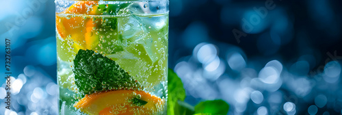Refreshing citrus mint drink with bubbles and bokeh lights.