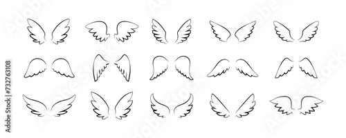 Set of wings icons. Wings icons. Bird wings, angel wings elements. Wing collection in different shape. Wings badges. Vector illustration