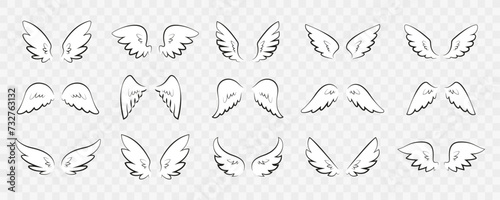Set of wings icons. Wings icons. Bird wings, angel wings elements. Wing collection in different shape. Wings badges. Vector wings isolated on transparent background. Vector illustration