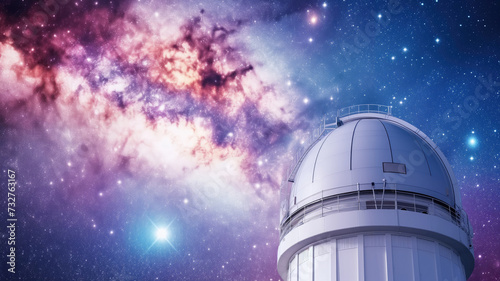 Observatory with a colorful nebula backdrop