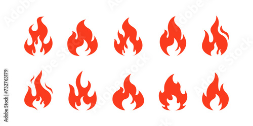 Fire flame icon set. Fire flames. Flame symbols. Fire silhouette. Set of red and orange fire flame. Collection of hot flaming element. Fire, flame. Vector illustration