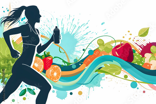 Energetic illustration of healthy lifestyle with running and fruits.