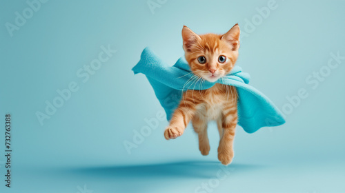 Flying Feline Hero The Adventures of the Superhero Cat with Cape in front of a Blue Background © Richard