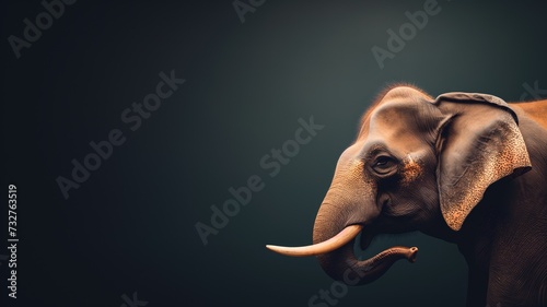 Close-up side profile of an adult elephant against a dark background, highlighting its textured skin and tusks photo