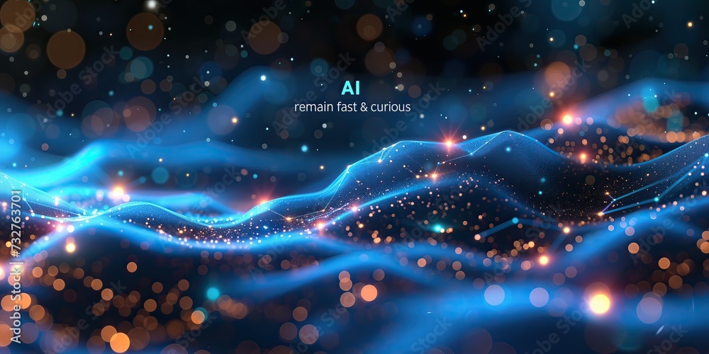 Screensaver promo slogan navy blue with light waves, red star lights, science, universe, technology, with text in blue and white color, "AI, remain fast & curious". Lema IA, manténte rápido y curioso - obrazy, fototapety, plakaty 