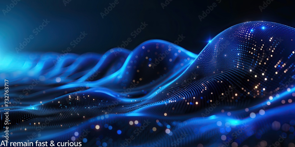 Wallpaper, navy blue, with light waves in lighter tones, science, universe, technology, with text in white color, "AI, remain fast & curious". Fondo de panatela alusivo a la inteligencia artificial. - obrazy, fototapety, plakaty 