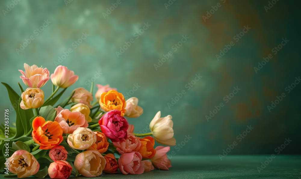 assorted tulips and ranunculus flowers with a dramatic green texture background