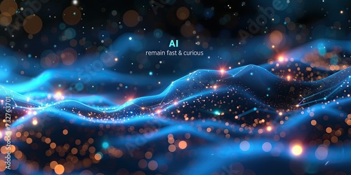 Screensaver promo slogan navy blue with light waves, red star lights, science, universe, technology, with text in blue and white color, "AI, remain fast & curious". Lema IA, manténte rápido y curioso