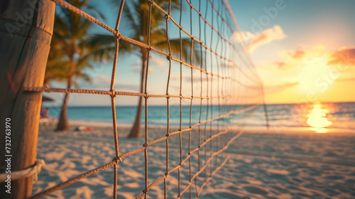 Summer background. Beach volleyball. Beach volleyball net against the backdrop of a tropical sea sunset. photo