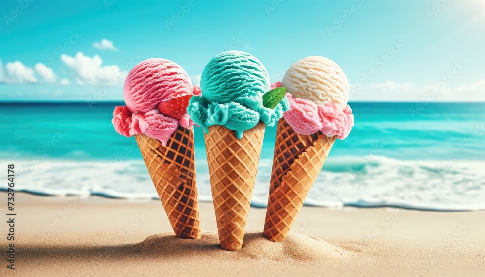 Beach Bliss: Trio of Ice Cream Cones on the Shore