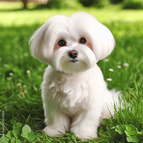 Fluffy Maltese Dog Sitting in Lush Green Grass