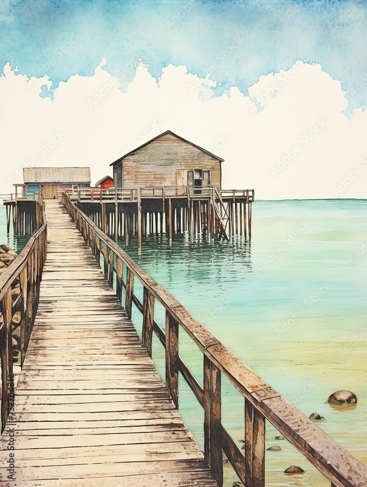 Rustic Seaside Piers Wall Art: Vintage Landscape & Coastal Art Print