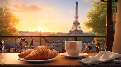 Delicious french croissants on romantic background of Eiffel tower view Paris, France, Based on Generative AI © Aysenur Dincer