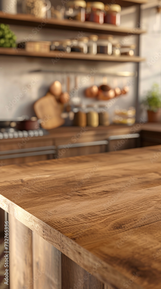 Elegant Wood Tabletop Perspective Over a Blurred Kitchen Scene for Product Montages and Design Layouts