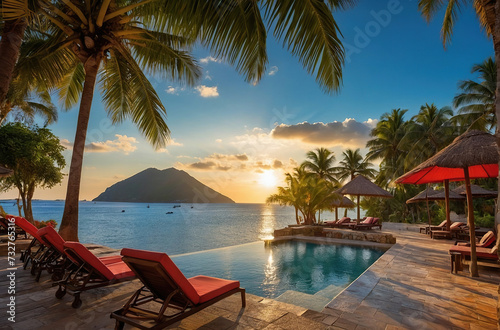 Outdoor luxury sunset over infinity pool swimming summer beachfront hotel resort, tropical landscape. Beautiful tranquil beach holiday vacation background. Amazing island sunset beach view, palm trees