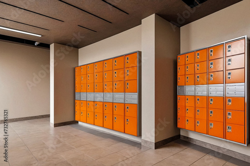 Orange steel Mailboxes in an apartment residential building inside. Modern rows of numbered mailbox, creative design mail backgrounds. Urban correspondence concept. Copy ad text space. Generated Ai